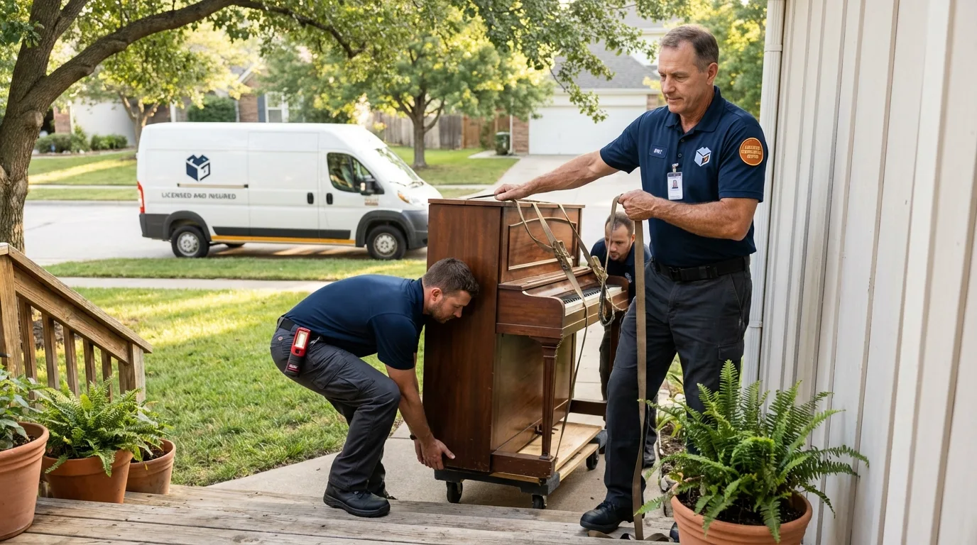 Licensed piano movers securing grand piano in New Hartford, NY