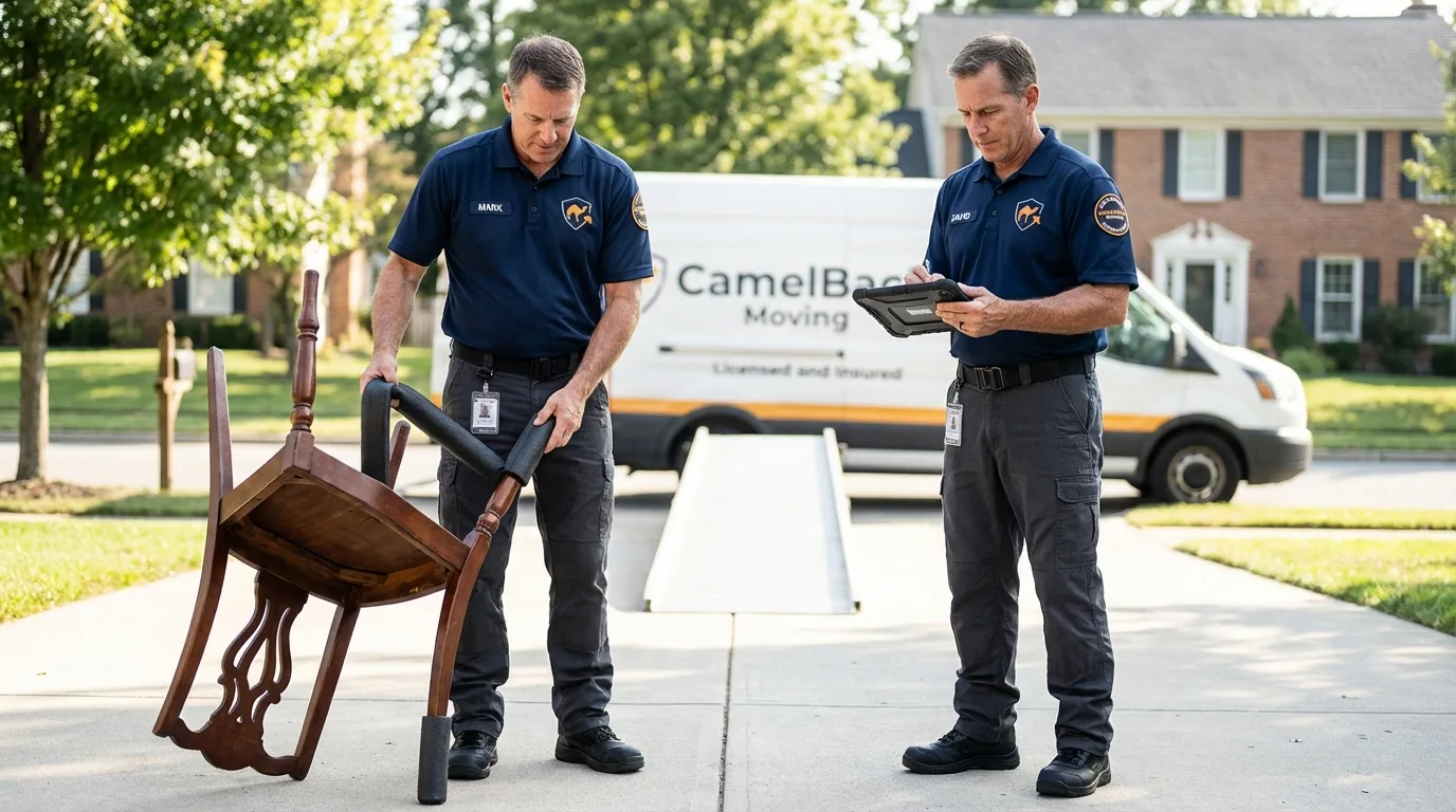 Movers inspecting furniture for damage prevention before loading in New Hartford, NY