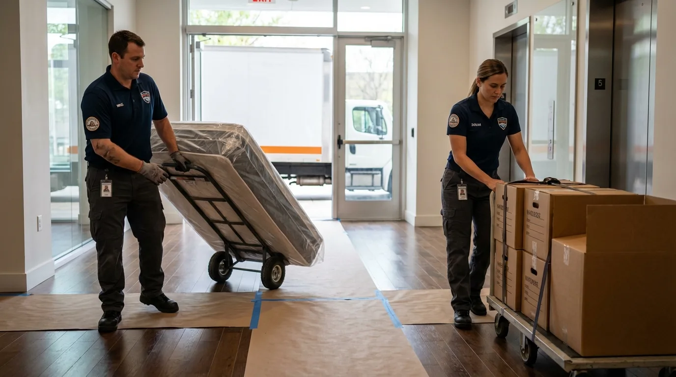 Professional apartment movers loading elevator in New Hartford, NY