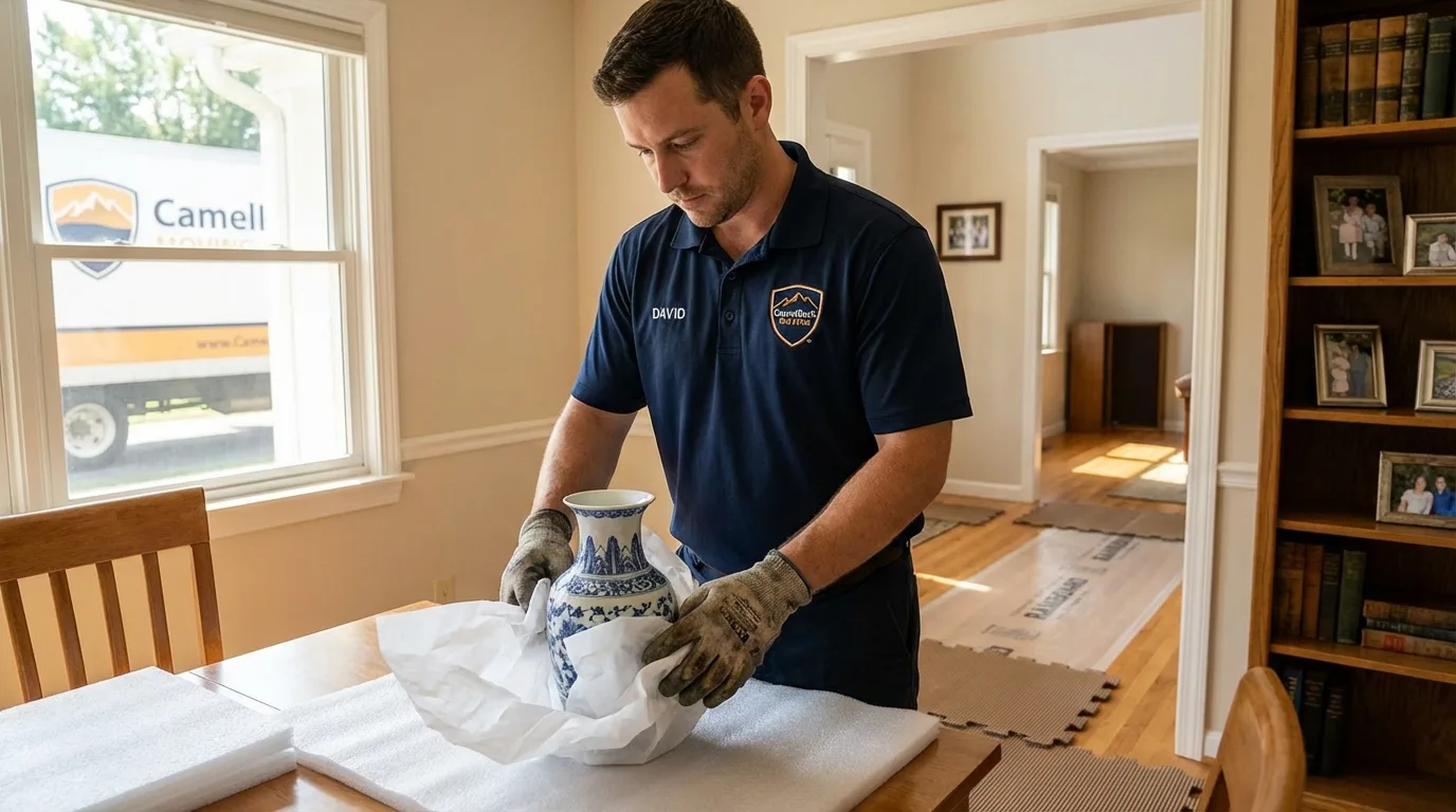 Professional crew carefully wrapping antique vase for senior downsizing move in New Hartford, NY