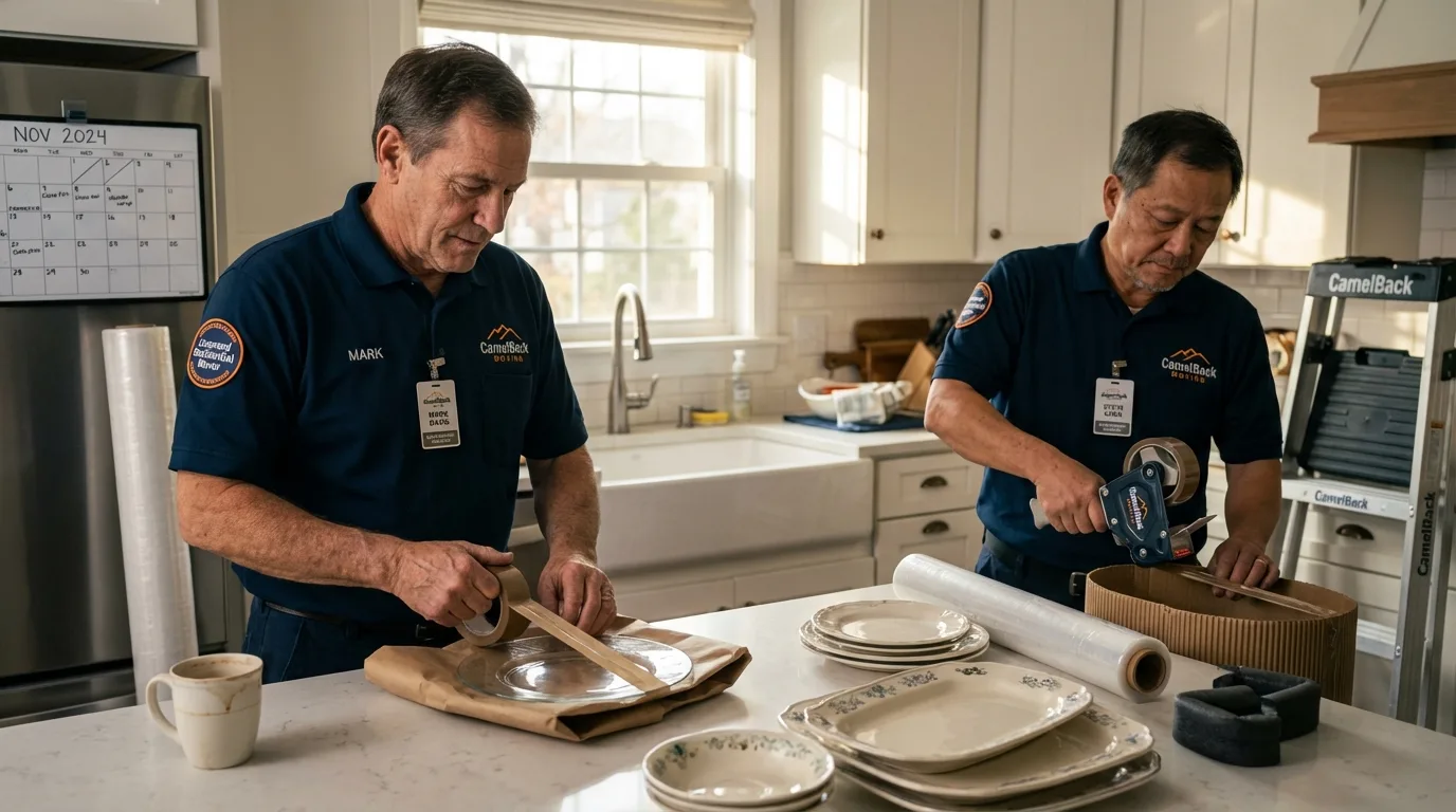 Professional crew packing kitchen dishware in New Hartford, NY